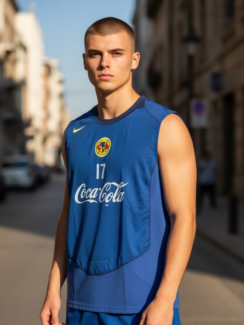Club América #17 Nike Soccer Training Blue Sleeveless Jersey Coca-Cola Sz Med